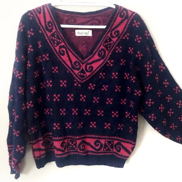 Vintage 80s Grandma Sweater Oversized Geometric Fair Isle V Neck M Medium - Picture 1 of 8